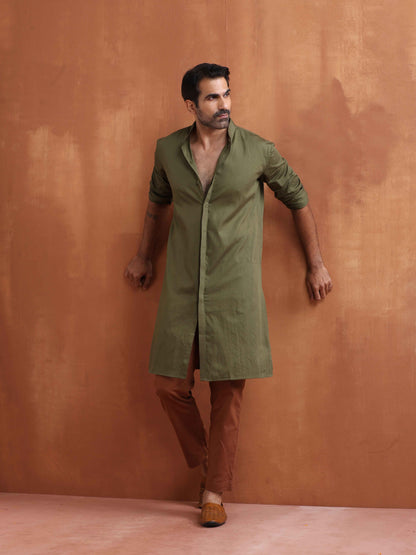 trueBrowns Men's Olive Green Cotton Front Open Kurta - Distacart