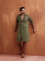 Thumbnail for trueBrowns Men's Olive Green Cotton Front Open Kurta