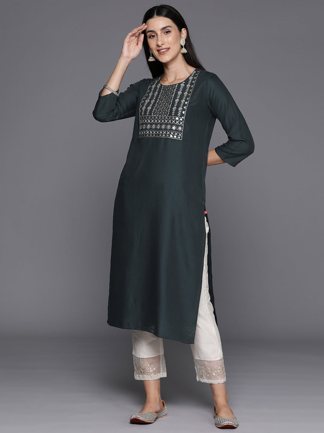 Varanga Women Grey Round Neck Embroidered Yoke Straight Kurta With Side Slits - Distacart