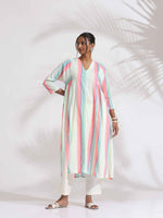 Thumbnail for trueBrowns Off-White Cotton Multi Stripe Flared Kurta Set