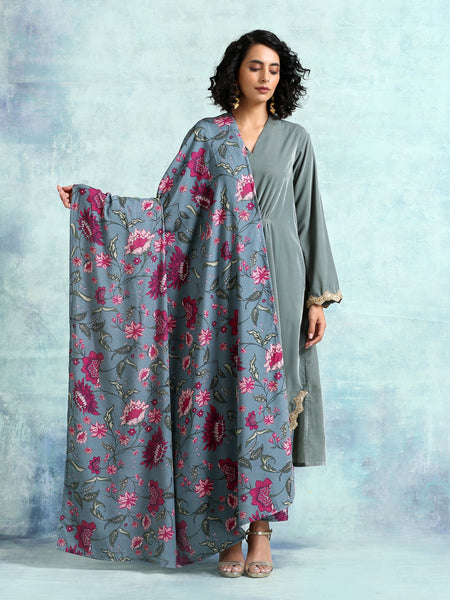 trueBrowns Grey Printed Velvet Shawl - Distacart