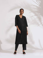 Thumbnail for trueBrowns Black Cotton Schiffli Kurta Set