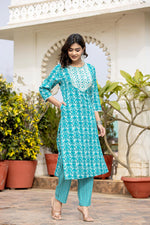 Thumbnail for Varanga Women Blue Printed Round Neck Yoke Embroidered Kurta Paired With Bottom And Dupatta - Distacart
