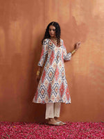 Thumbnail for trueBrowns Off White Ikat Print Kurta Set - Distacart