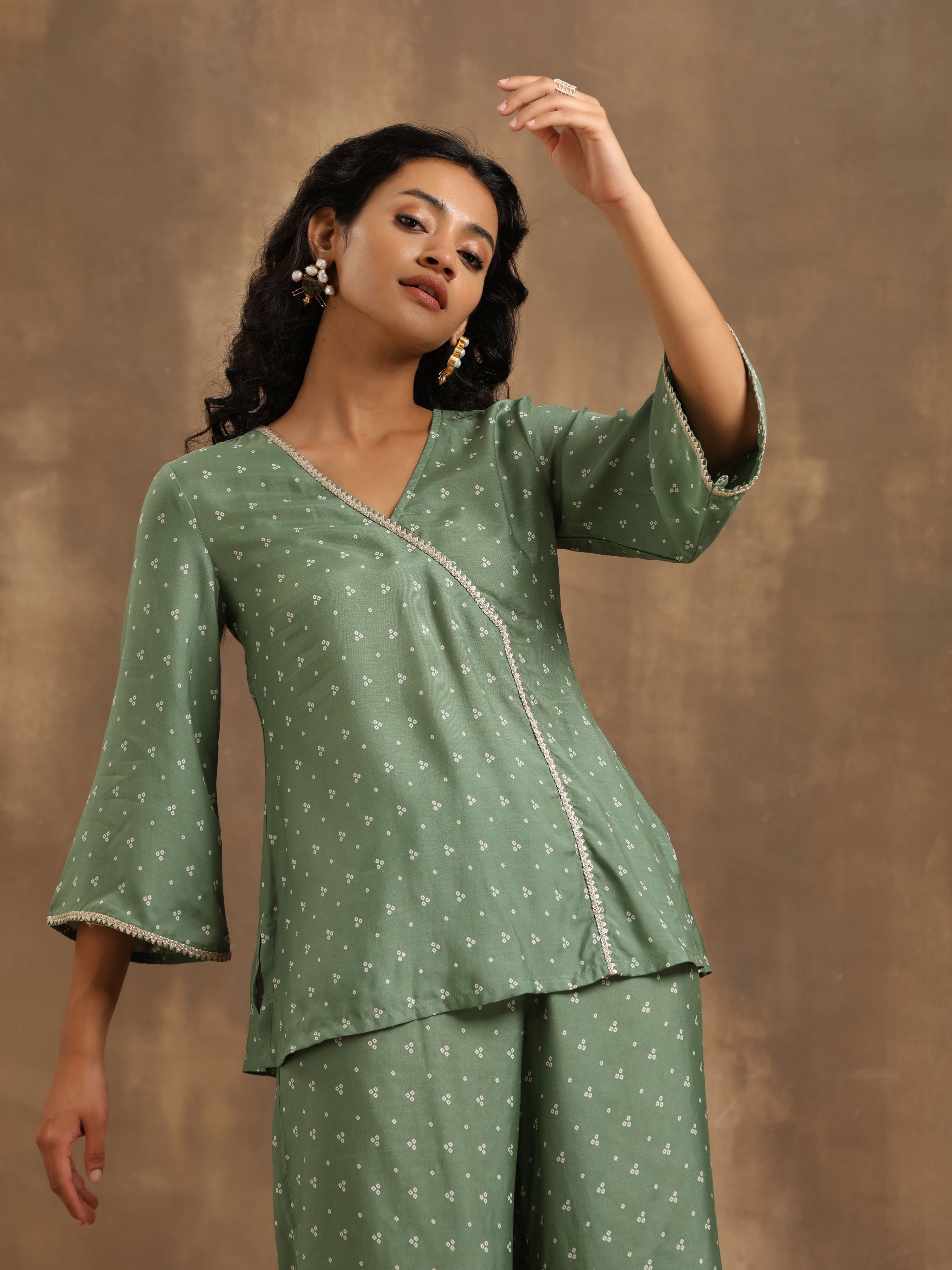 trueBrowns Light Green Bandhani Printed Silk Co-Ord Set - Distacart