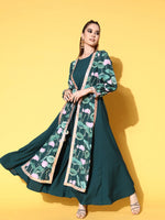 Thumbnail for Ahalyaa Green Crepe Puff Sleeves Floral Printed Maxi Ethnic Dress with Waist Tie-Ups - Distacart