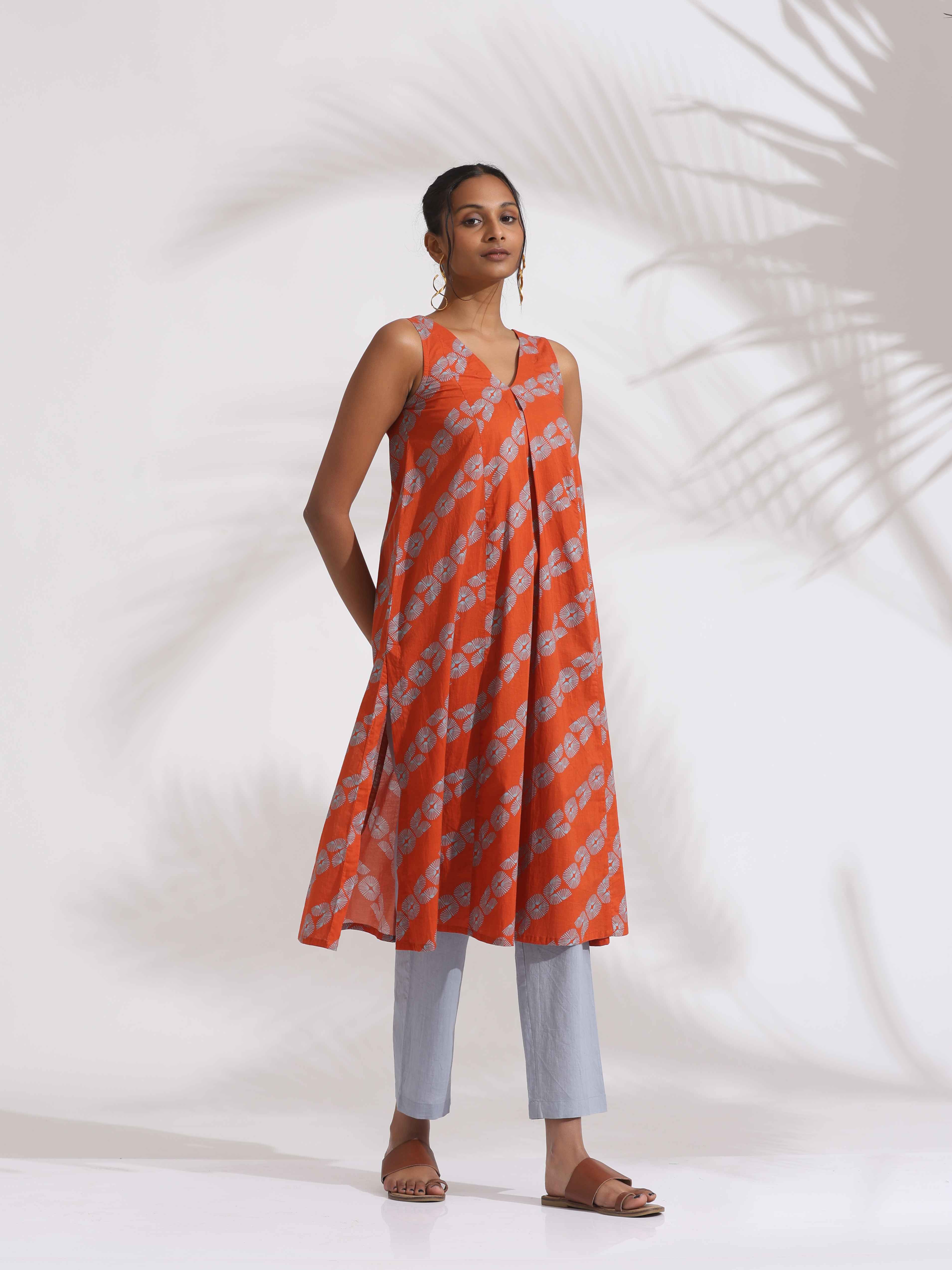trueBrowns Orange Cotton Print Sleeveless Kurta Set