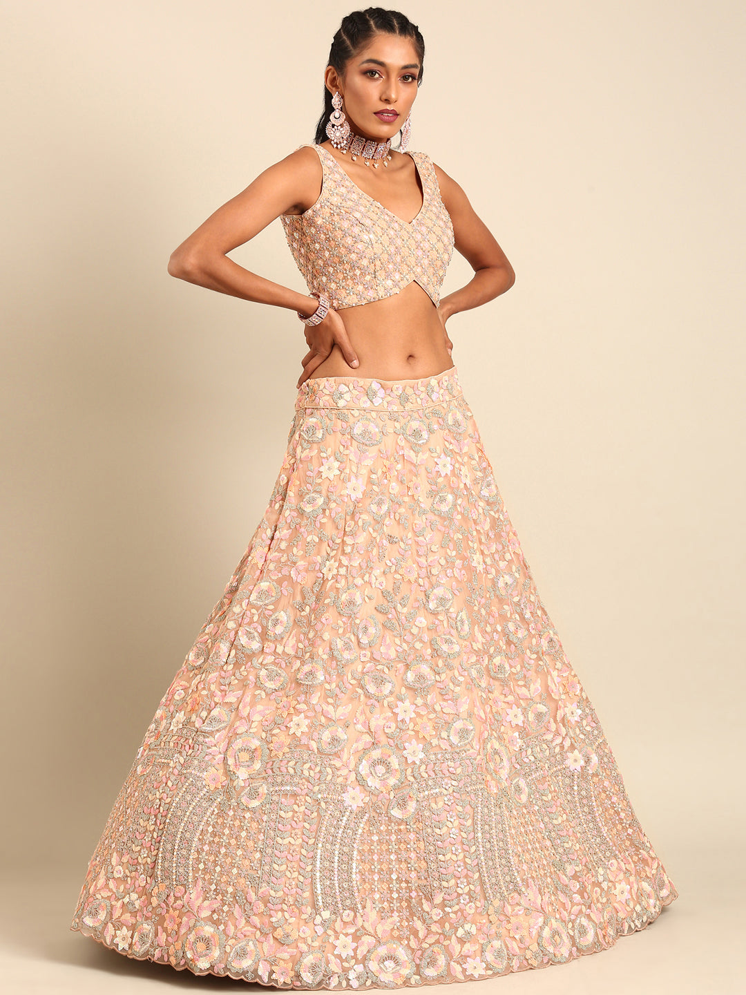 House of Panchhi Peach Net Multi Sequins with heavy Zarkan embroidery Lehenga choli & Dupatta - Distacart