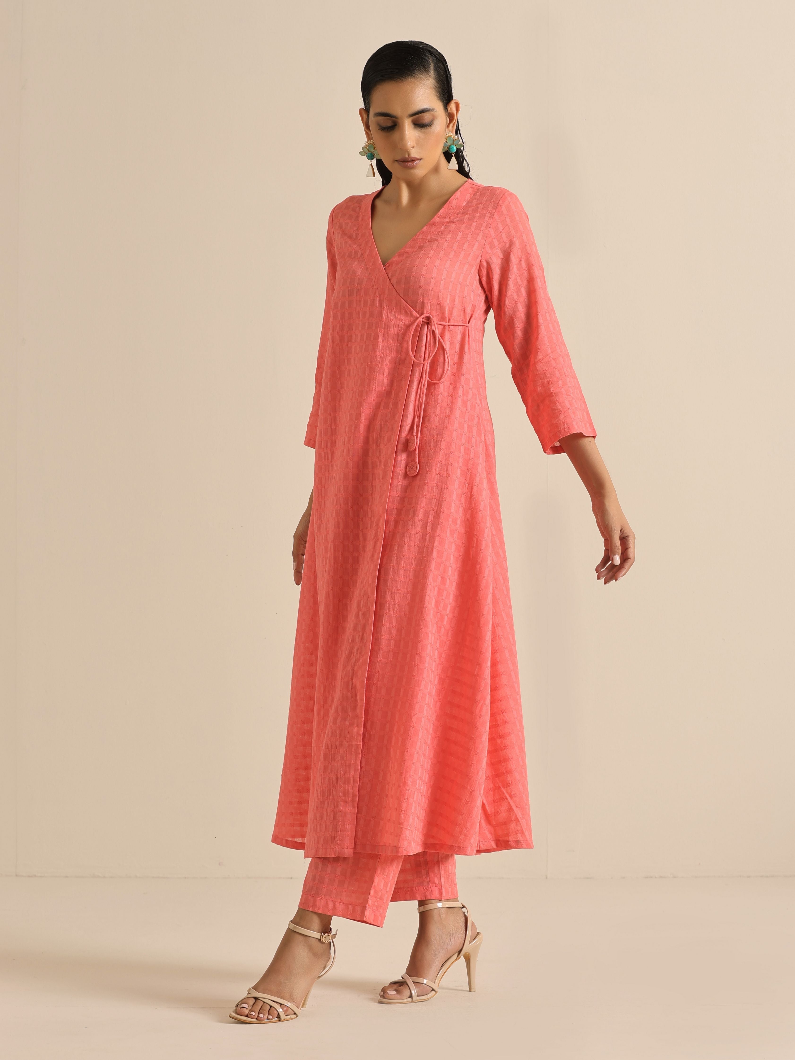 trueBrowns Bright Pink Dobby Angrakha Kurta Pant Set - Distacart