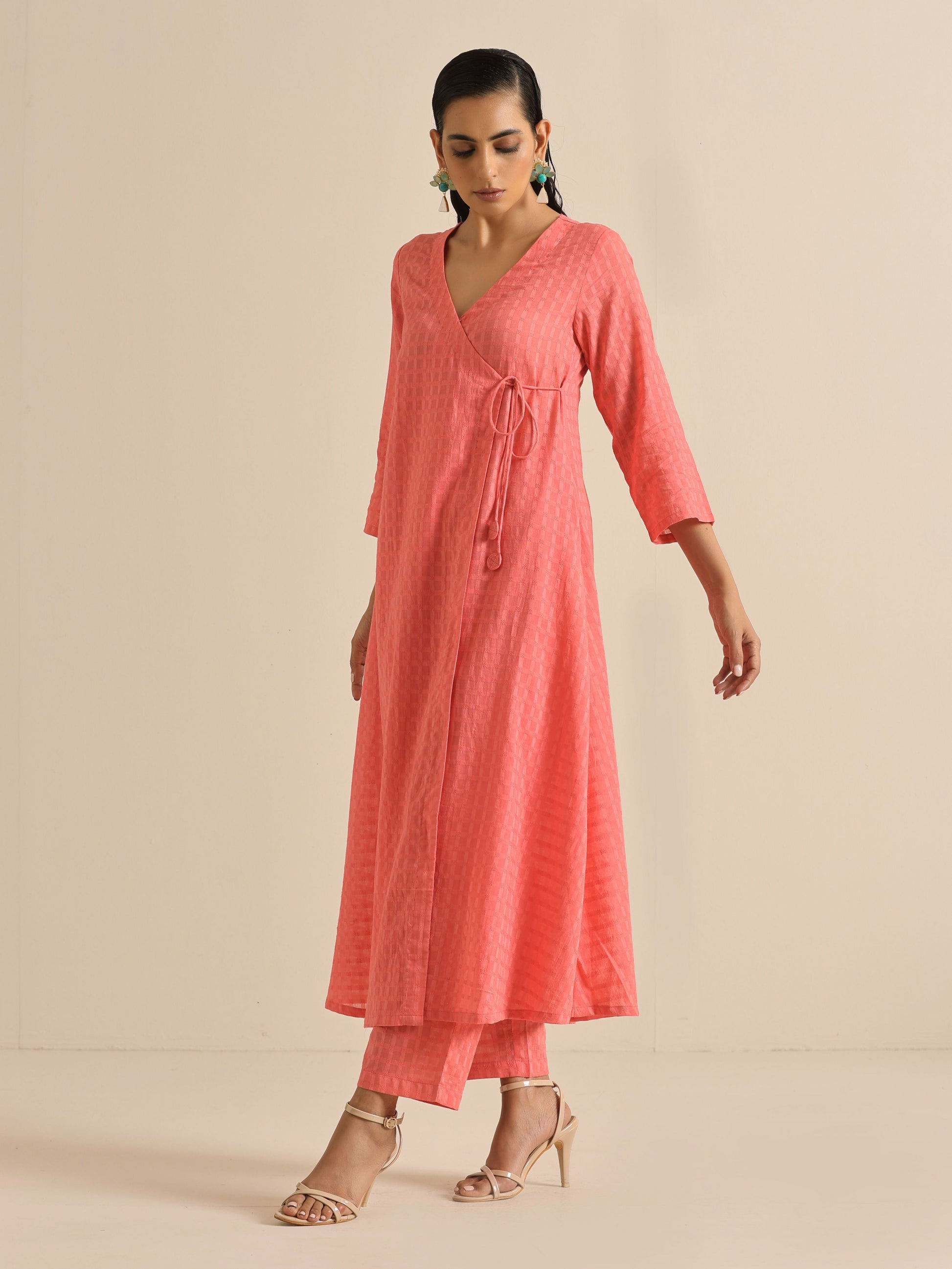 trueBrowns Bright Pink Dobby Angrakha Kurta Pant Set - Distacart