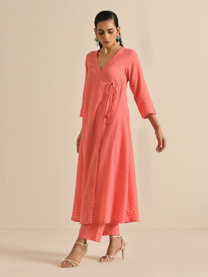 trueBrowns Bright Pink Dobby Angrakha Kurta Pant Set - Distacart