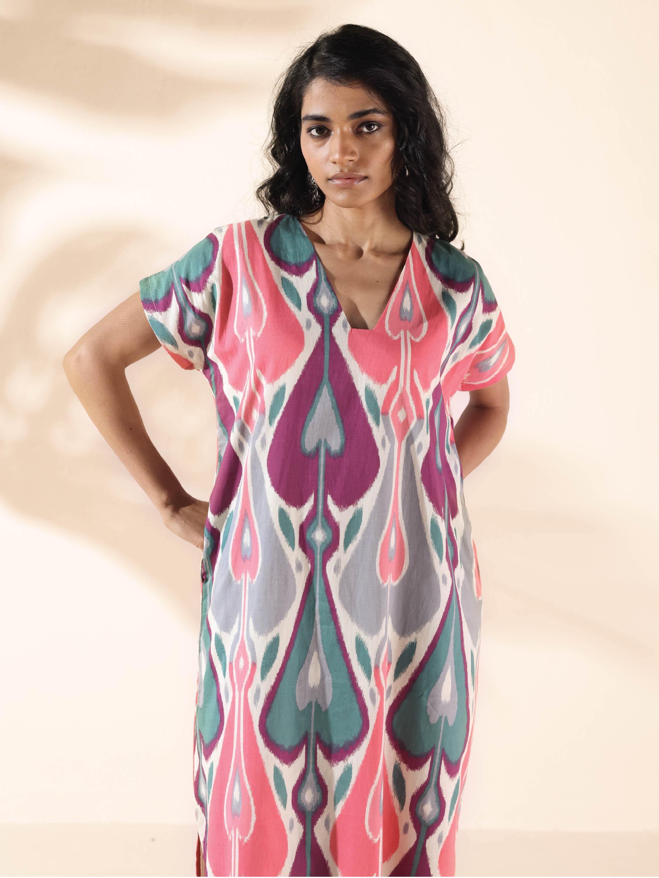 trueBrowns Green Cotton Ikat Slit Dress - Distacart