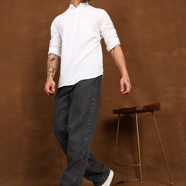 Fabmade Pure Ivory Linen Short Kurta - Distacart