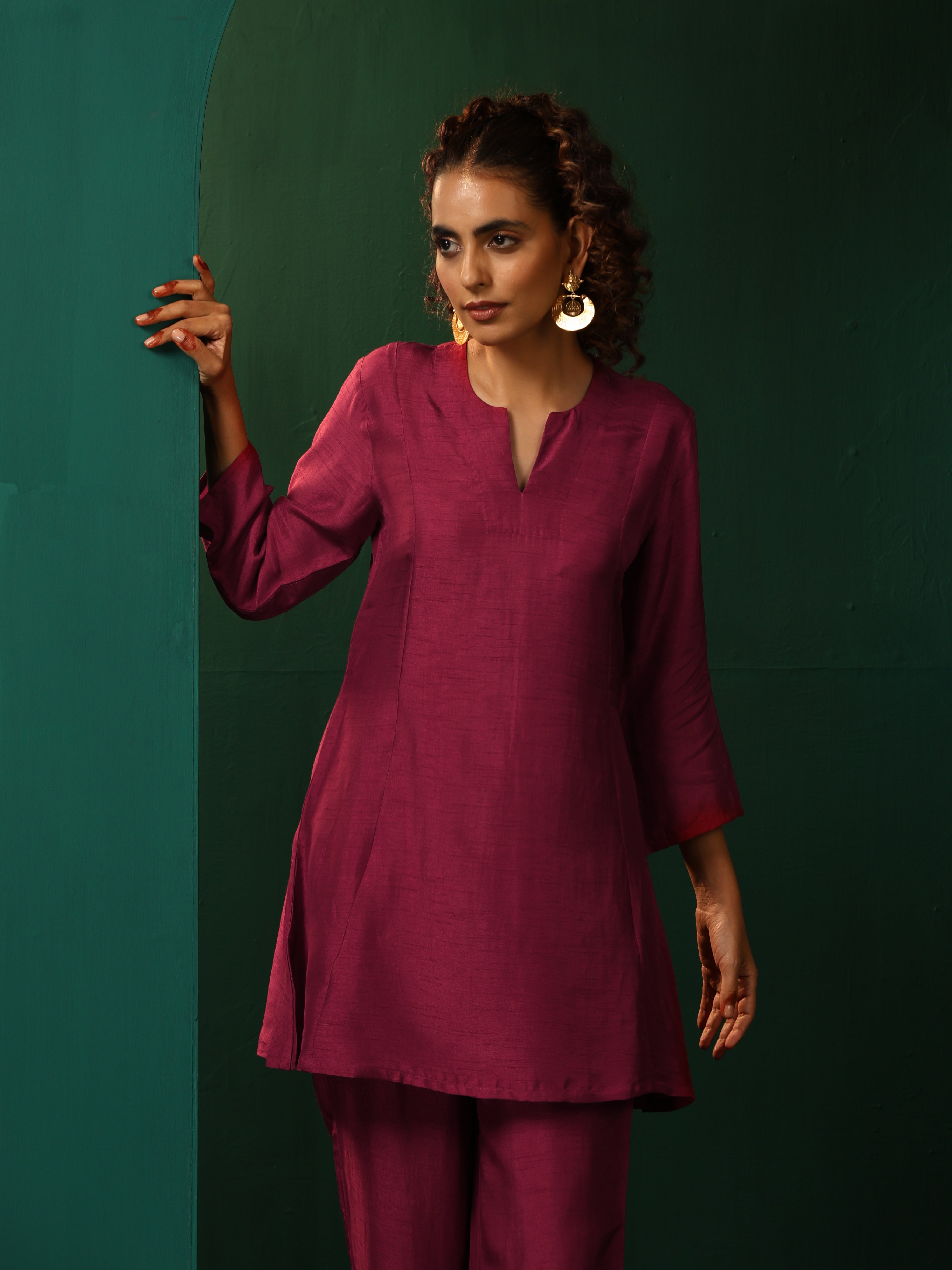 trueBrowns Maroon Silk Relaxed Co-ord Set - Distacart