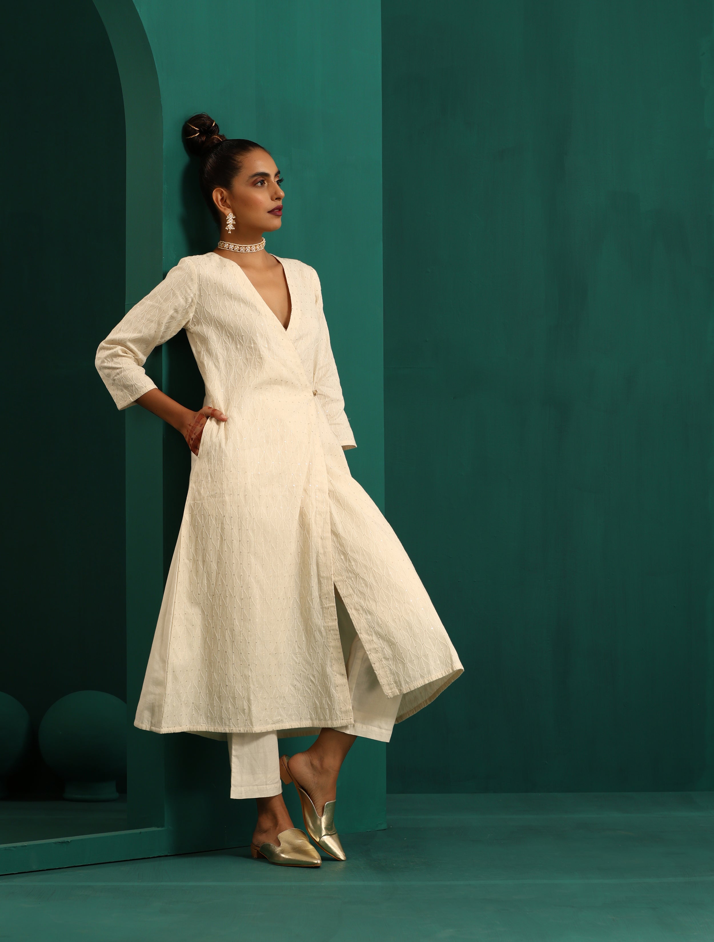 trueBrowns Ivory Tonal Cotton Angrakha Kurta Pant Set - Distacart