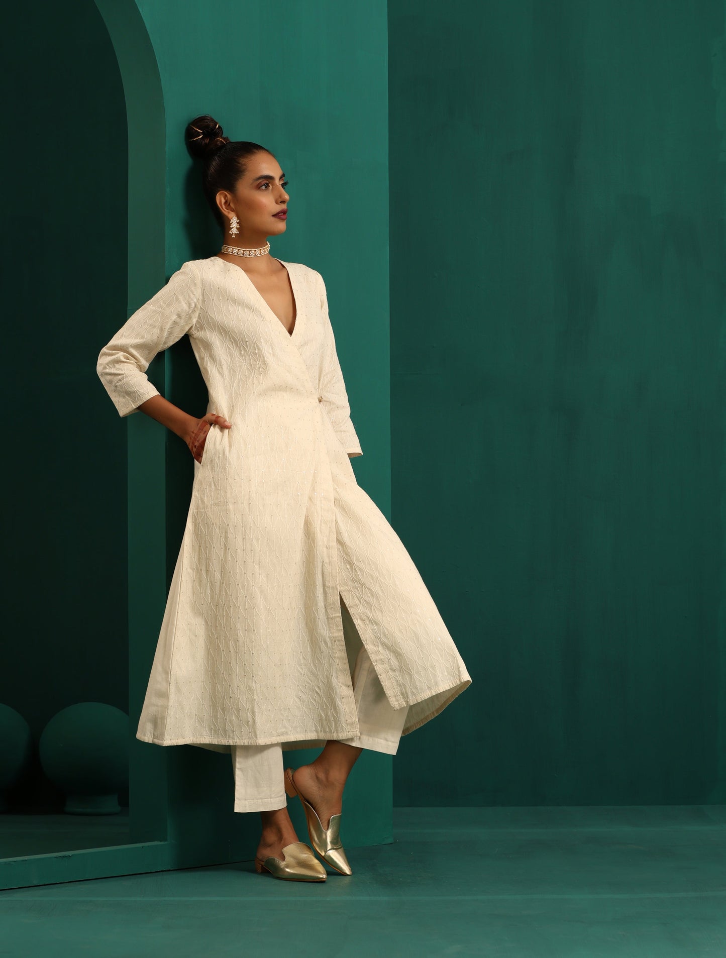 trueBrowns Ivory Tonal Cotton Angrakha Kurta Pant Set - Distacart