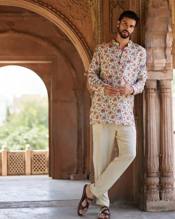 trueBrowns Men's Off White Floral Bunch Muslin Silk Printed Co-ord Set - Distacart