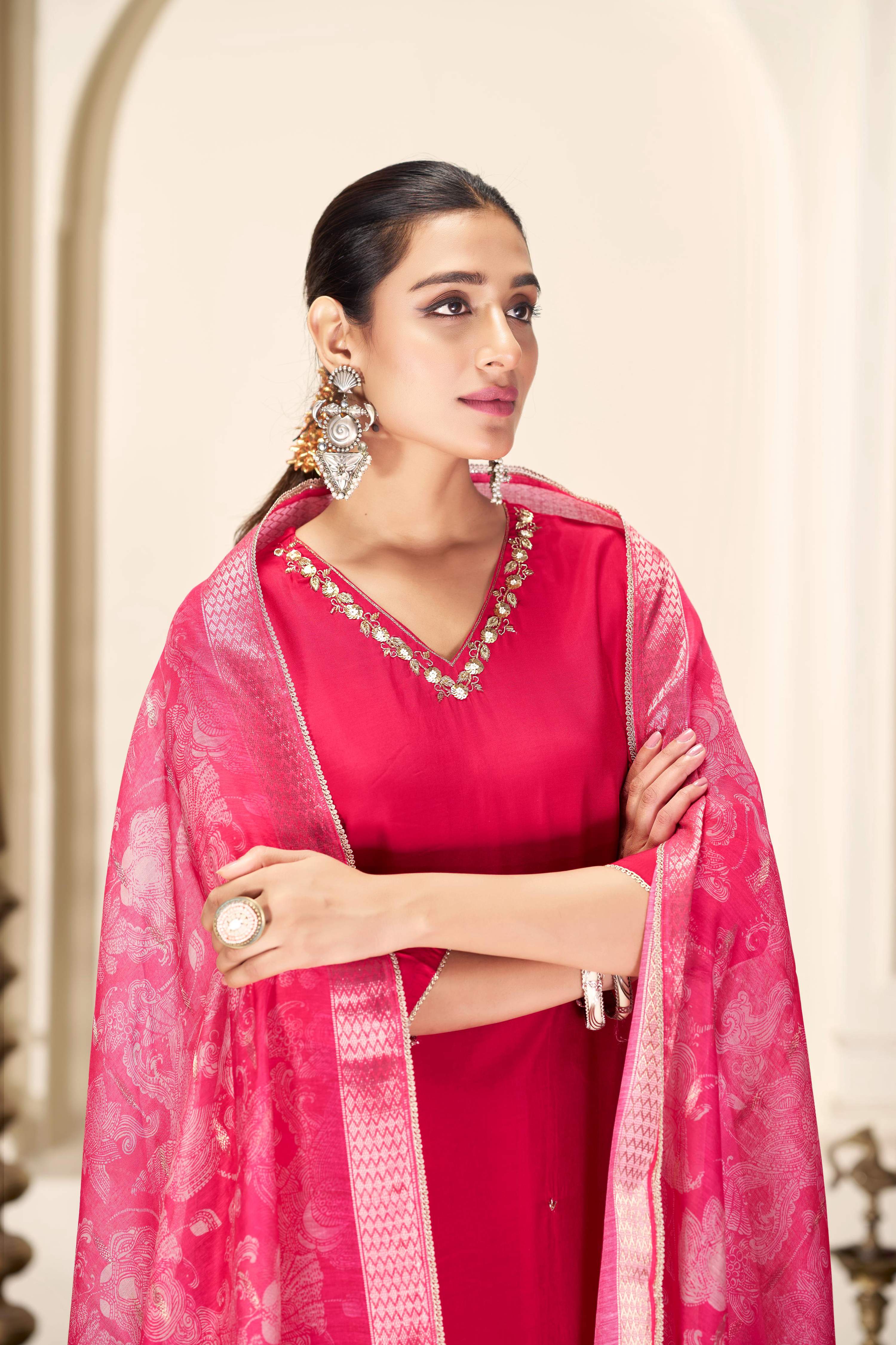 BulBul Nirjari Red Silk Kurta Set with Dupatta