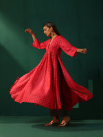Thumbnail for trueBrowns Pink Square Viscose Silk V-Neck Waist Gathered Kurta Pant Set - Distacart
