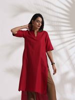 Thumbnail for trueBrowns Maroon Slub Highslit Kurta Set