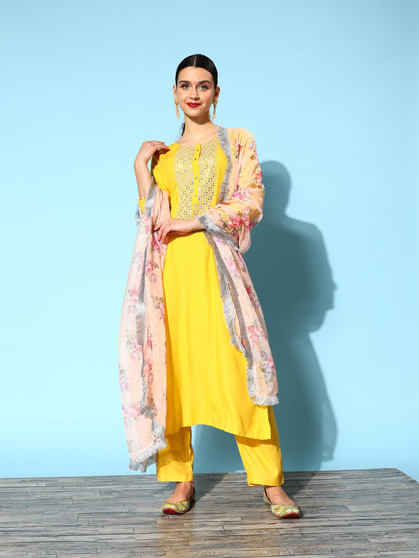 Varanga Yellow Embroidered Kurta With Trouser And Embroidered Dupatta