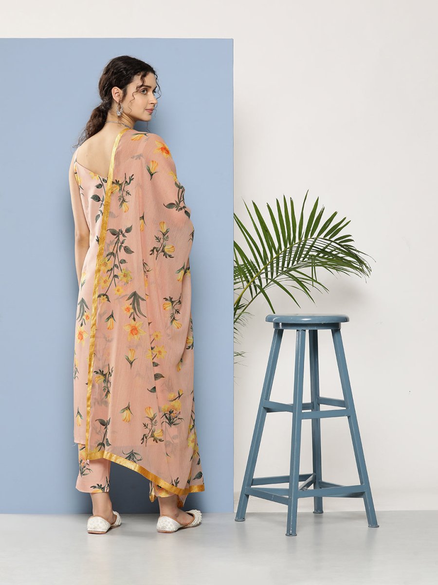 Ahalyaa Women Nude-Coloured Floral Printed Gotta Patti Kurta with Trousers & With Dupatta - Distacart