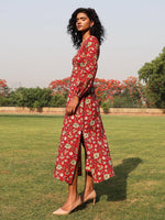 Thumbnail for trueBrowns Red Cotton Block Print Backless Dress - Distacart