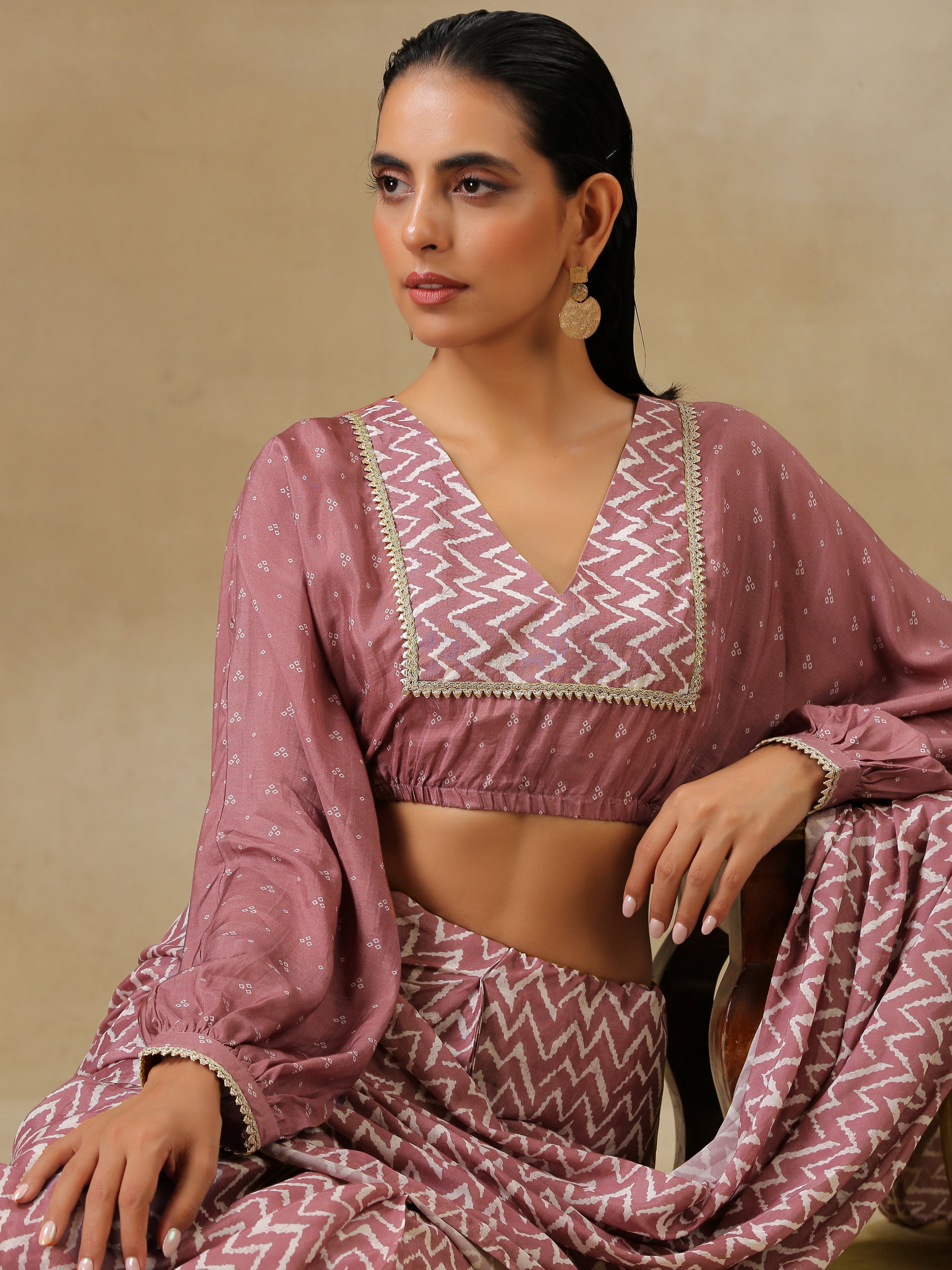 trueBrowns Dark Mauve Bandhani Printed Silk Elasticated Blouse - Distacart