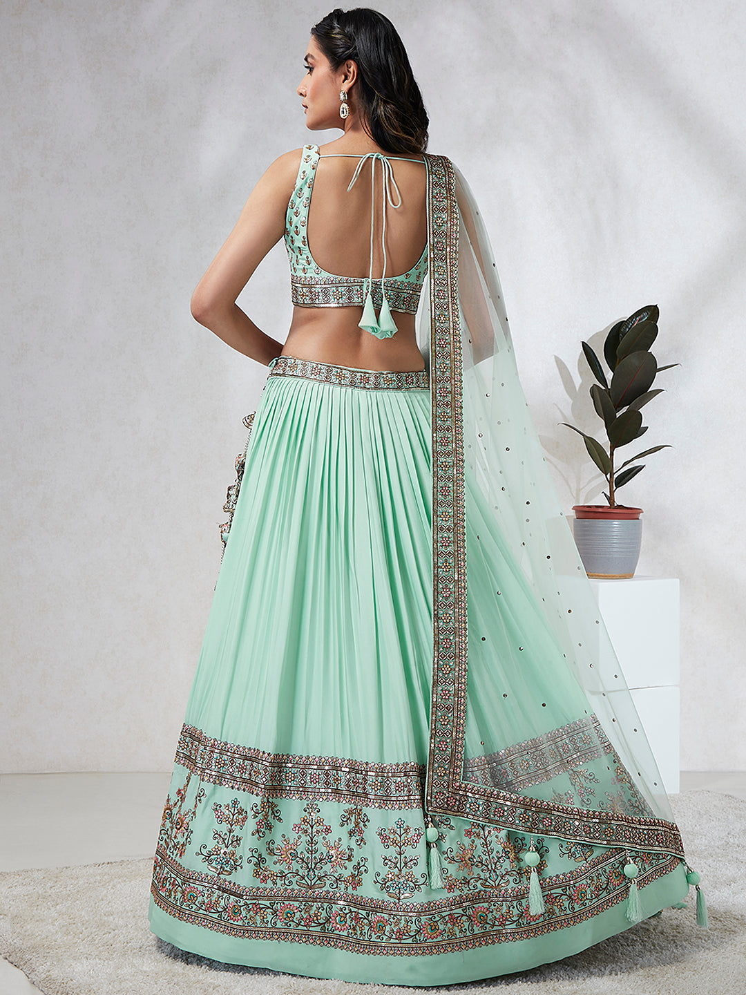 House of Panchhi Burgundy Pure Georgette Sequins And Thread Embroidery Lehenga Choli & Dupatta - Distacart