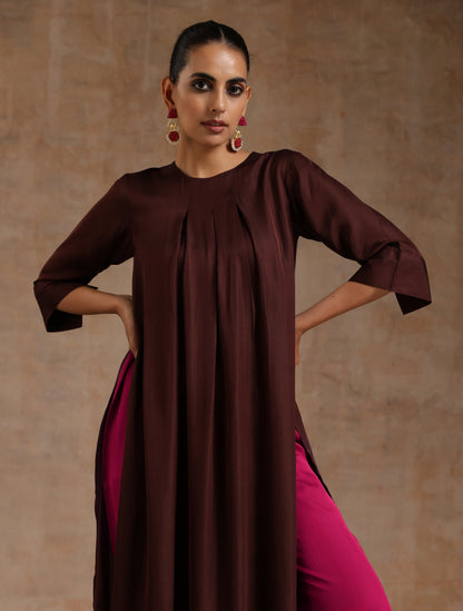 trueBrowns Cola Brown Modal Satin Neck Pleat Kurta Set - Distacart