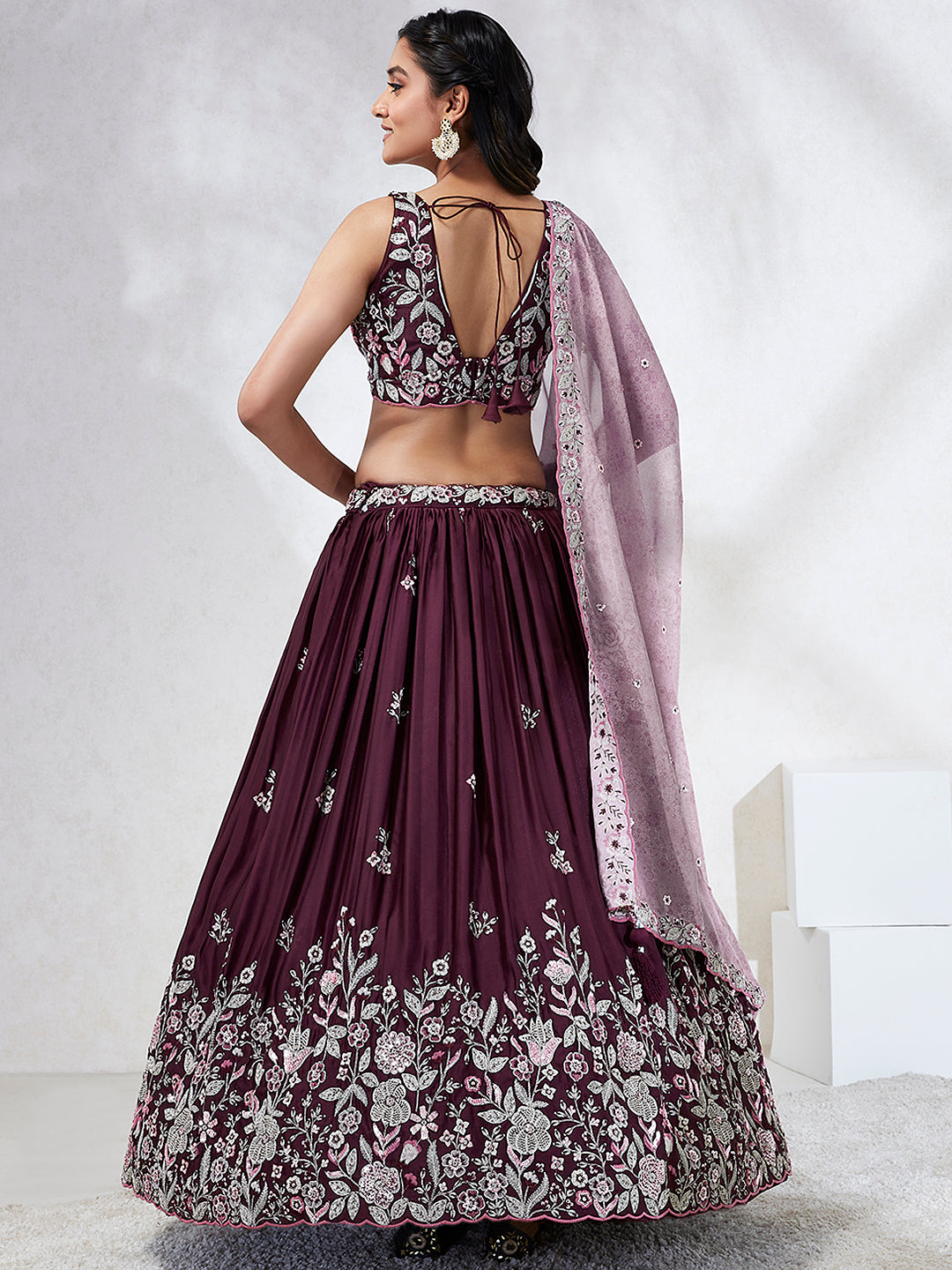 House of Panchhi Burgundy Pure Georgette Sequins And Thread Embroidery Lehenga Choli & Dupatta - Distacart