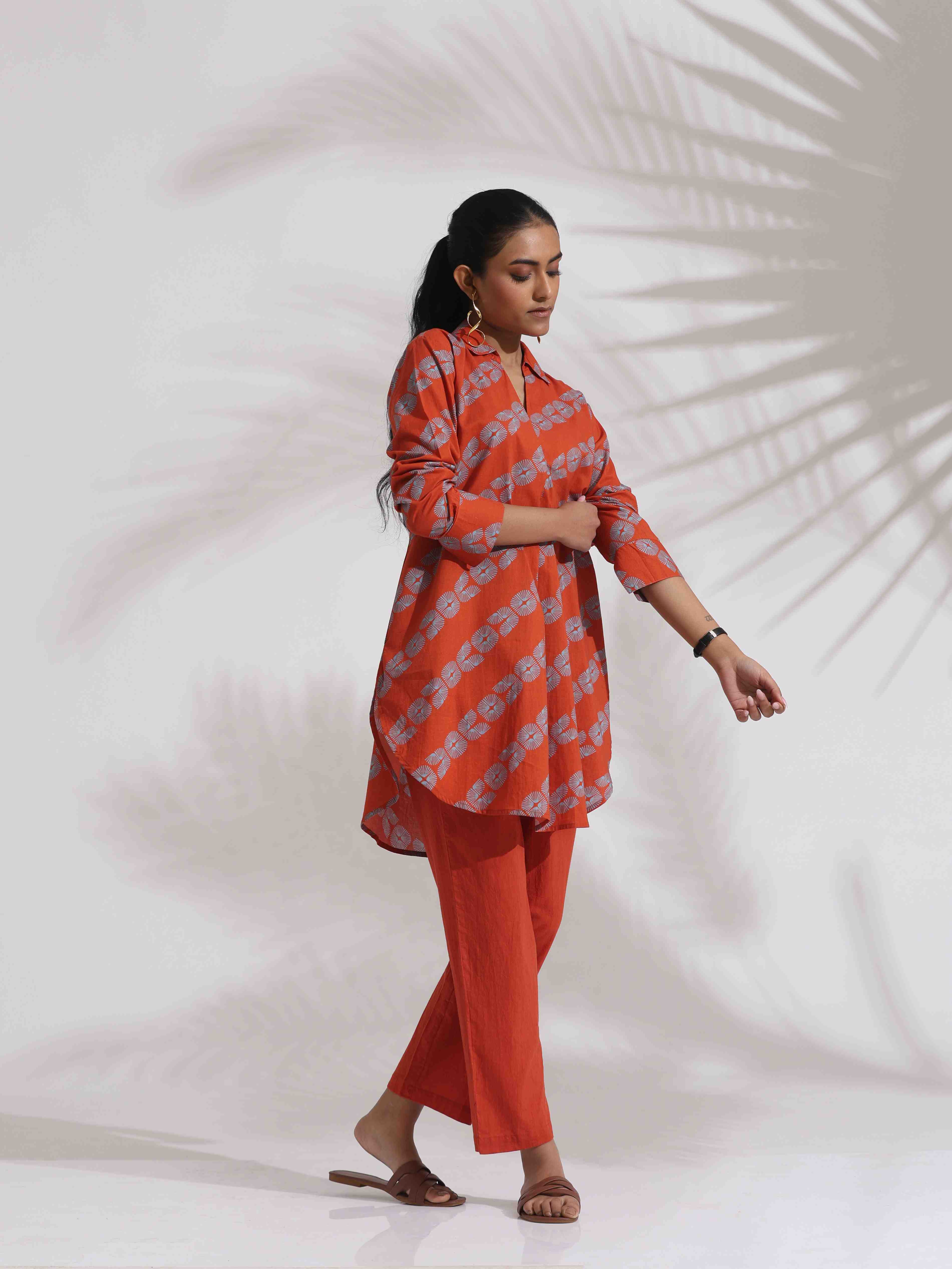 trueBrowns Orange Cotton Print Co-ord Set