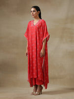 Thumbnail for trueBrowns Red Bandhani Printed Silk Panel Kaftan Kurta Pant Set - Distacart