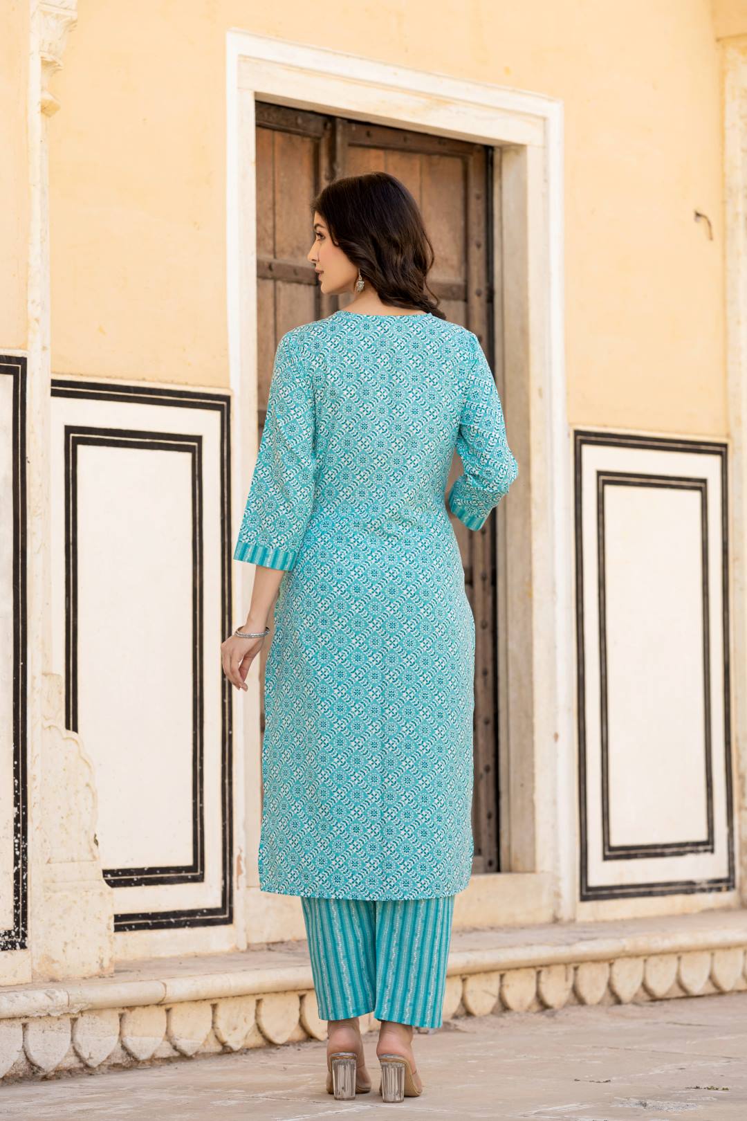 Varanga Women Blue V Neck Thread Embroidered Kurta Paired With Printed Bottom And Dupatta - Distacart
