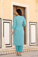 Thumbnail for Varanga Women Blue V Neck Thread Embroidered Kurta Paired With Printed Bottom And Dupatta - Distacart
