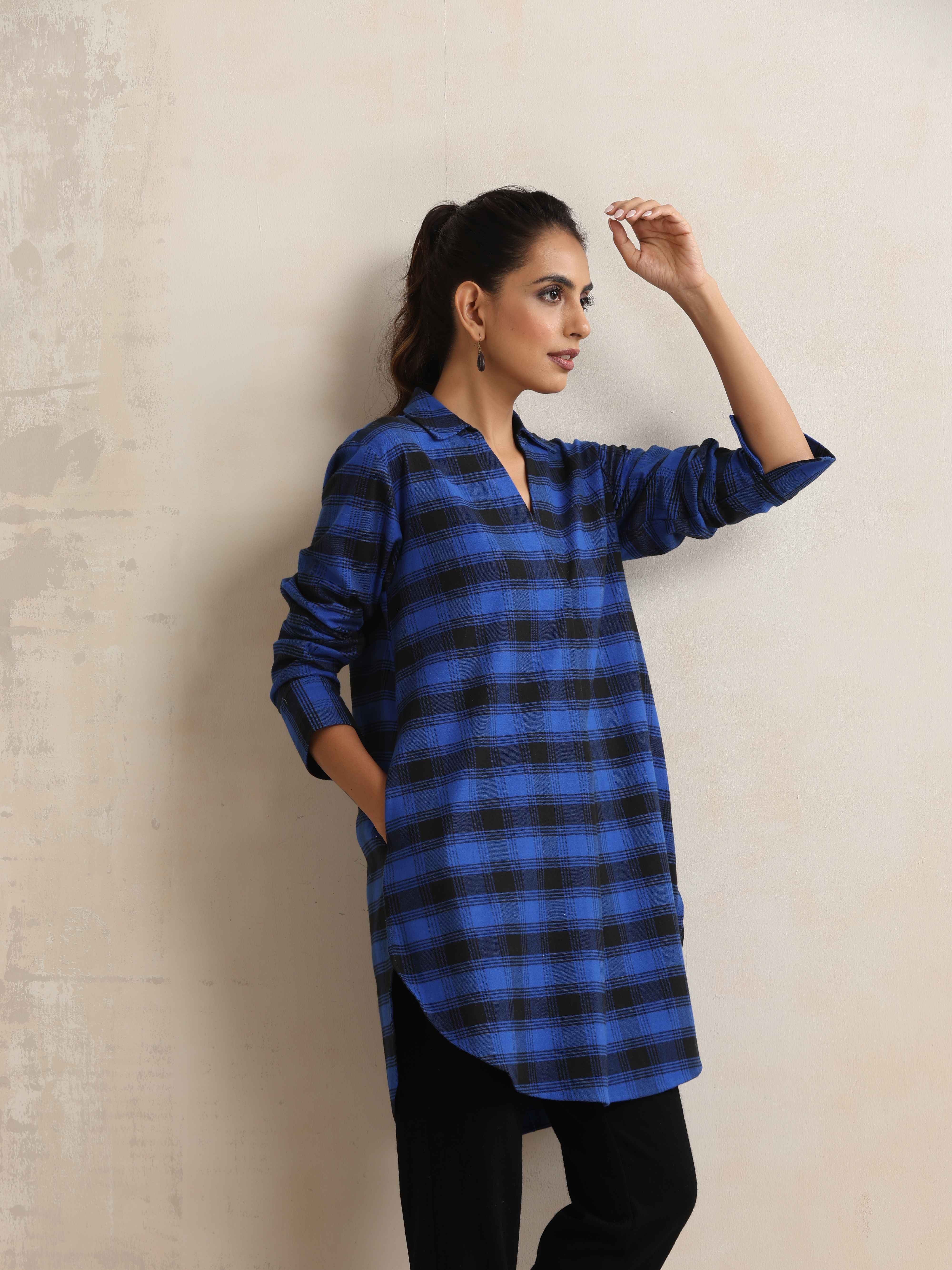 trueBrowns Blue Check Pleated Winter Top - Distacart
