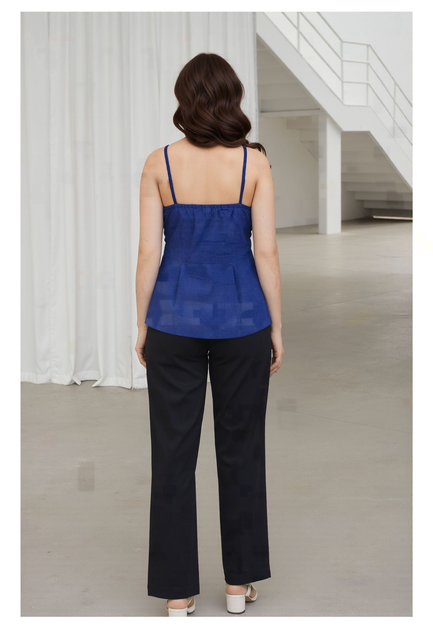 Myshka Women Blue Linen Shoulder Strap Pleated Top - Dista