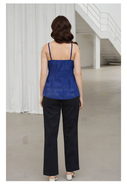 Myshka Women Blue Linen Shoulder Strap Pleated Top - Dista