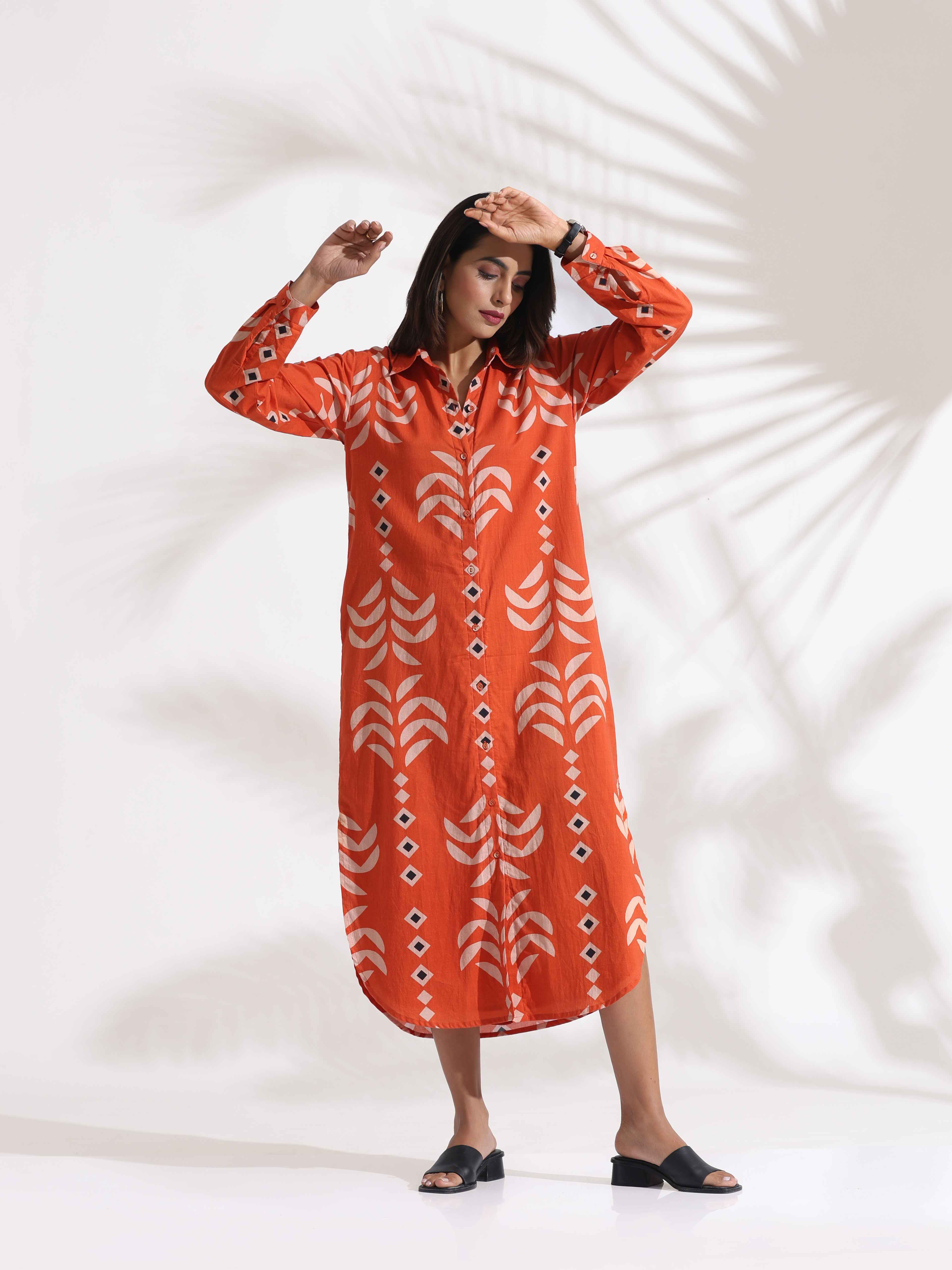 trueBrowns Orange Cotton Print Shirt Dress