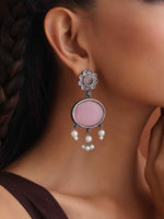 Thumbnail for trueBrowns Silver Tone Pink Stone Dangle Earrings - Distacart