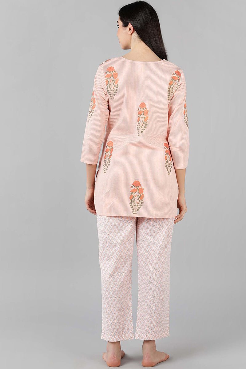 Ahika Pink Cotton Striped Night Suit - Distacart