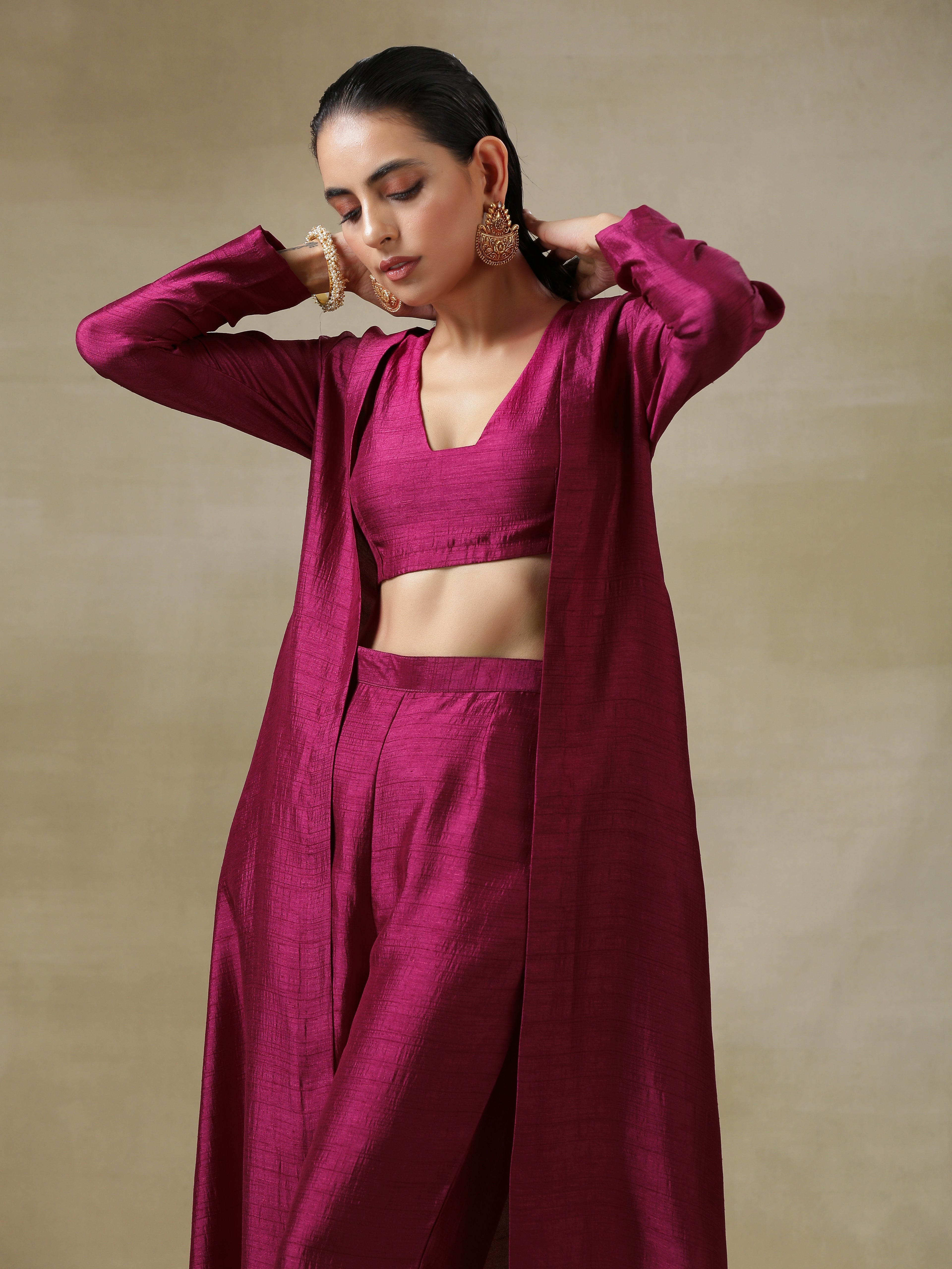 trueBrowns Purple Textured Silk Overlay Jacket Blouse Pant Set | Relove