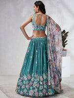 Thumbnail for House of Panchhi Turquoise Blue Georgette Sequins And Thread Embroidery Lehenga Choli & Dupatta - Distacart