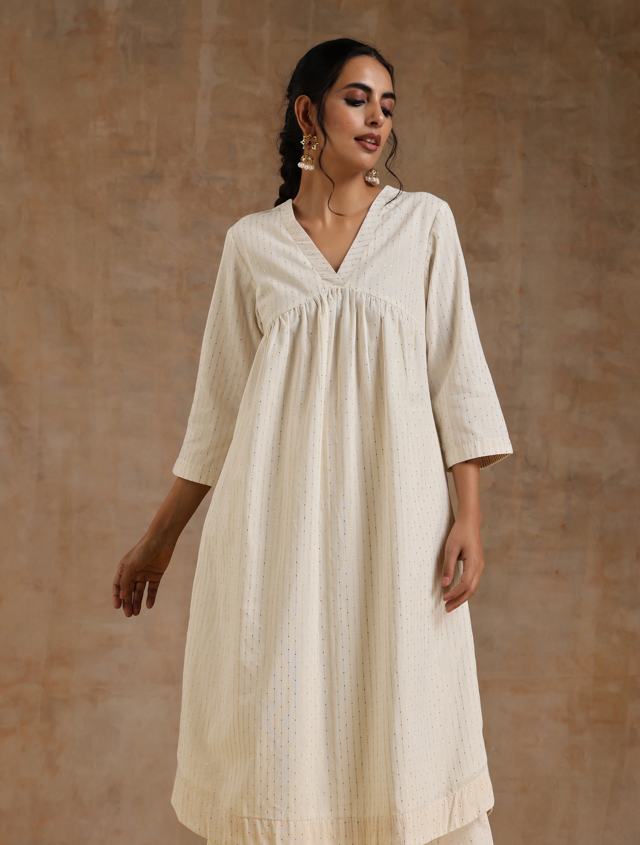 trueBrowns Ivory Gold Cotton Flared Kurta Set - Distacart