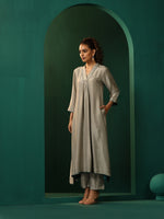 Thumbnail for trueBrowns Grey Silk Front Gathered Kurta Pant Set - Distacart