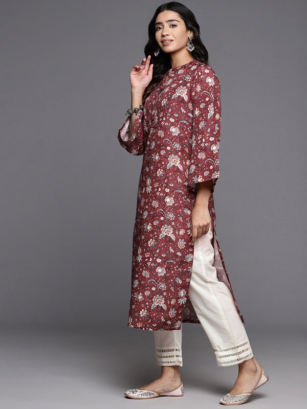 Varanga Women Maroon Floral Printed Straight Kurta With Flared Sleeves - Distacart