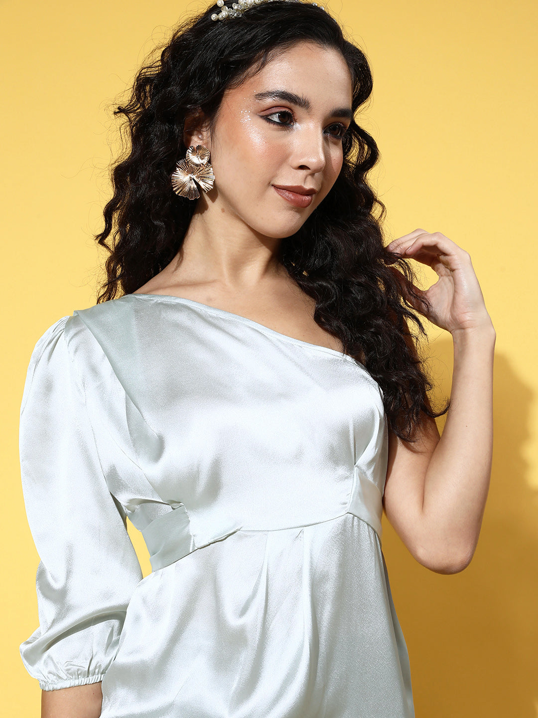 InWeave One Shoulder Satin Top In Silver Colour