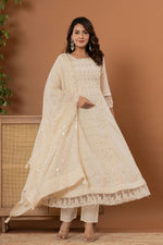 Thumbnail for Varanga Women Off-White Mirror And Thread Work, Scallop Lace Anarkali Kurta Paired Wirh Embroidered Bottom And Dupatta - Distacart