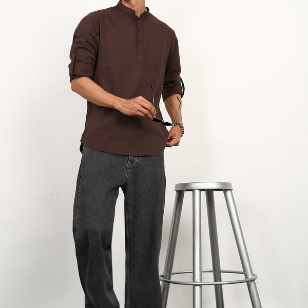 Fabmade Cocoa Drift Linen Short Kurta - Distacart