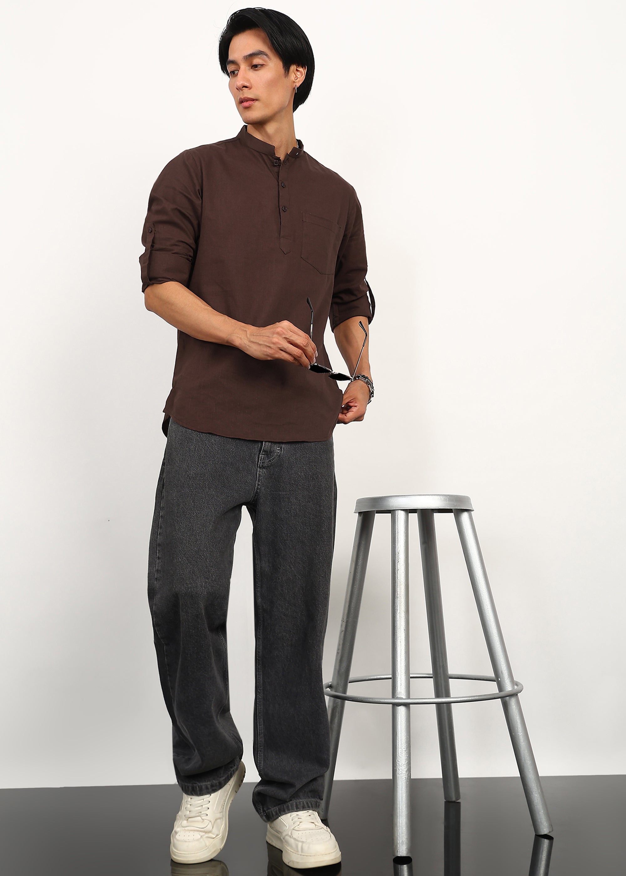 Fabmade Cocoa Drift Linen Short Kurta - Distacart